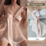 0803 [Breast Support] White Butterfly Nightgown + Panties + White Open Crotch Stockings