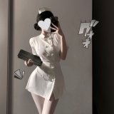 White [hair accessory + belt + dress] + matching socks