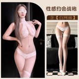 White + eye mask + white fishnet stockings