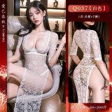 White lace maxi dress + white open-crotch stockings