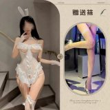 White bunny girl outfit + white fishnet stockings