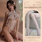 White (open-crotch bodysuit with cutouts + boxer stockings)
