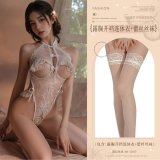 White (open-crotch bodysuit with cutouts + lace stockings)