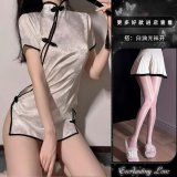 White sexy pajamas + white open-crotch glossy stockings