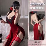 ◆A Beauty Mark in the Human World◆ Wine Red + Black [Cheongsam + T-shirt] + Open Crotch Stockings