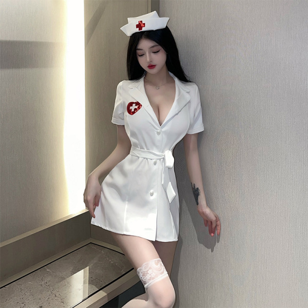 Woman wearing white sexy nurse costume with red cross hat, deep v-neck dress, and lace thigh-high stockings for role play.