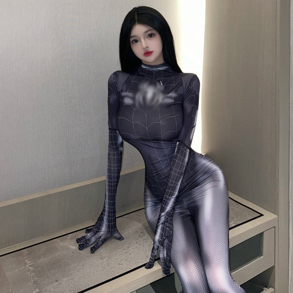 Woman in sleek black spider-man cosplay bodysuit with web pattern, posing seductively indoors.
