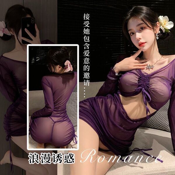 Woman modeling purple sheer lace lingerie set with ruched mini dress and drawstring waist, styled as seductive nurse costume ...