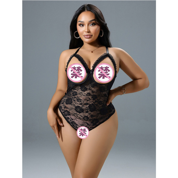 Sexy black lace see-through lingerie set with open-crotch design, sheer mesh bodysuit for women, erotic nightwear and sleepwe...