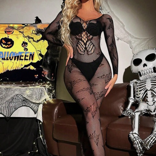 Woman modeling black lace hollow-out bodycon mini skirt set with backless banded bra, perfect for halloween lingerie outfit.