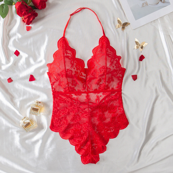 Red lace sheer bodysuit with intricate floral patterns, perfect for women seeking european and us style intimate wear. ideal ...