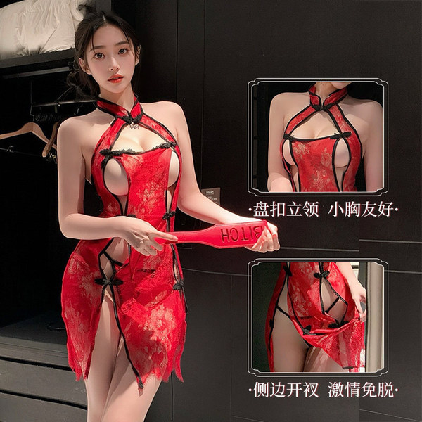 Vintage chinese qipao lingerie - sheer cloud brocade silk sleepwear with butterfly knot, elegant erotic nightwear featuring b...
