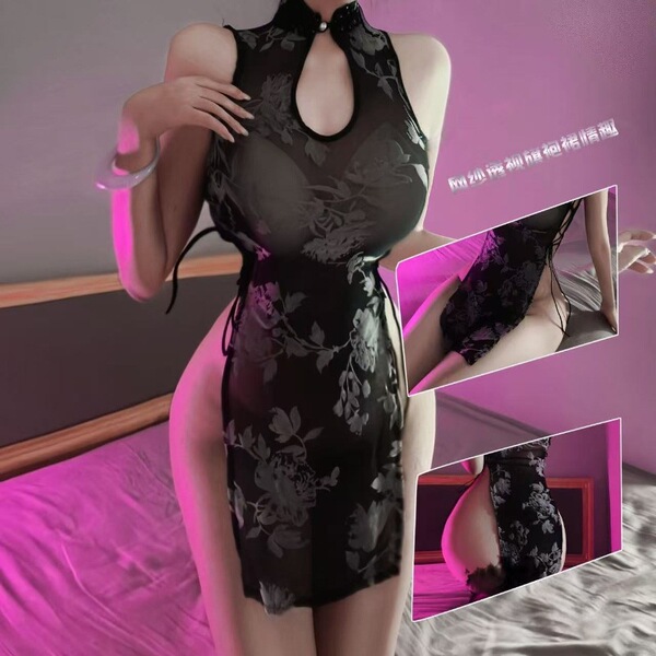 New chinese-style lingerie qipao - sheer sexy high-slit ink-wash design with adjustable ties