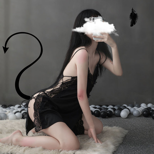 Sexy factory-outlet lingerie for women, featuring a seductive lace and tie-up design, perfect for an at-home outfit.