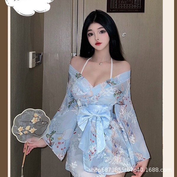 Japanese-style sheer lace bathrobe set featuring sweet sakura design, delicate bow detail, and elegant kimono-inspired nightw...