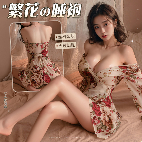 Sexy floral deep v sleep robe set – silk-like sheer kimono nightwear for women, trendy lounge & party wear