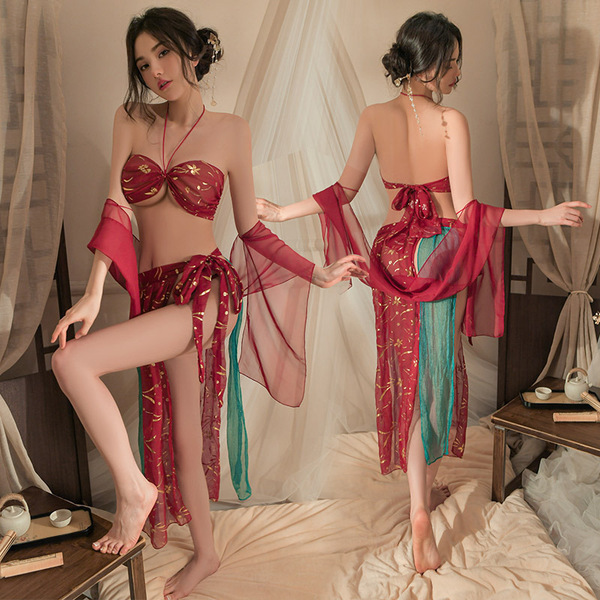 Sexy kimono lingerie set - dunhuang flying apsaras inspired sheer hanfu bustier outfit featuring intricate designs and flowin...