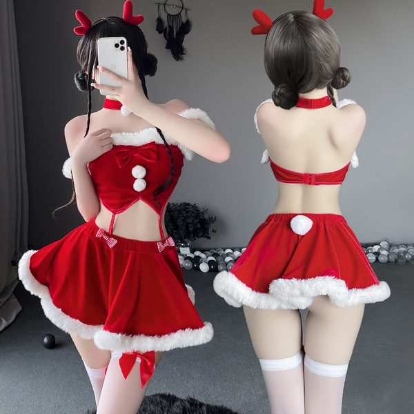 Sexy red velvet christmas-themed lingerie set featuring off-shoulder corset and matching skirt with reindeer antlers, perfect...