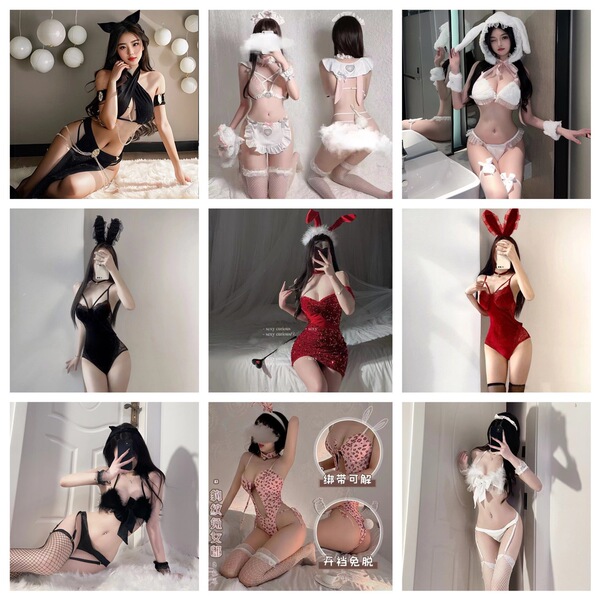Sexy open-crotch cosplay bodysuit set featuring cat ears and bunny ears, perfect for adult entertainment performances.