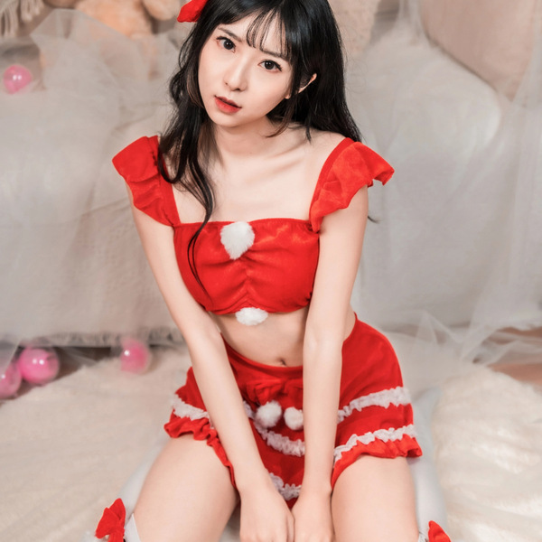 Sexy new year lingerie set - christmas-themed red costume with festive pom-poms, perfect for holiday sleepwear and bedroom ou...