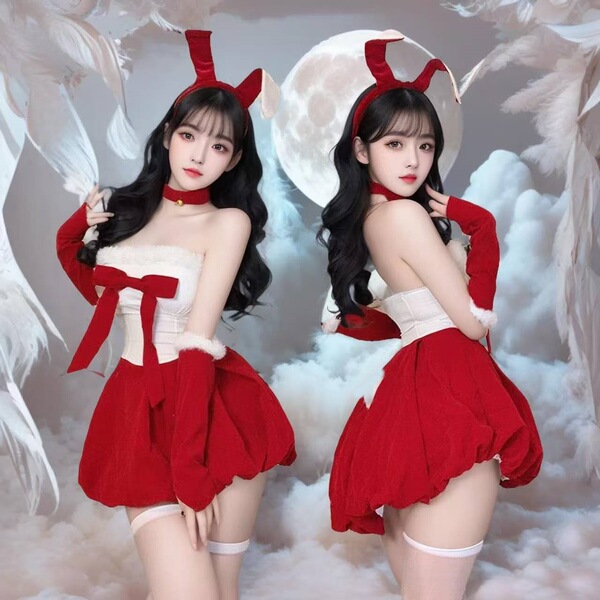 Sexy naughty christmas bunny costume for women, perfect for new year eve outfits and cosplay ensembles, features fluffy red b...