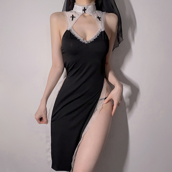 Sexy catholic role play outfit featuring a black dress with lace details, sheer mesh skirt, and detachable cross accessory.