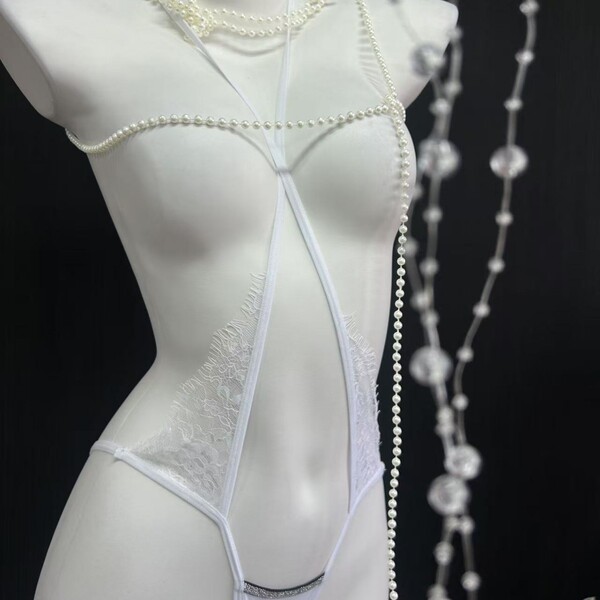 French-style lace mesh bikini panties featuring sheer cross-strap design with cotton crotch, perfect for women seeking sexy y...