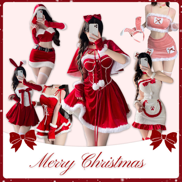 Sexy christmas costume featuring red lingerie sets with festive designs, perfect for new year outfits. ideal sleepwear for sm...
