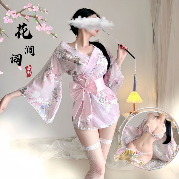 Japanese-style sexy lace kimono robe set – sheer chiffon 3-piece erotic lingerie outfit for women, featuring delicate floral ...