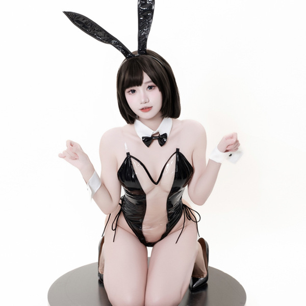 Sexy bunny costume set featuring a semi-transparent bodysuit with black rabbit ears and bow tie, perfect for cosplay and role...