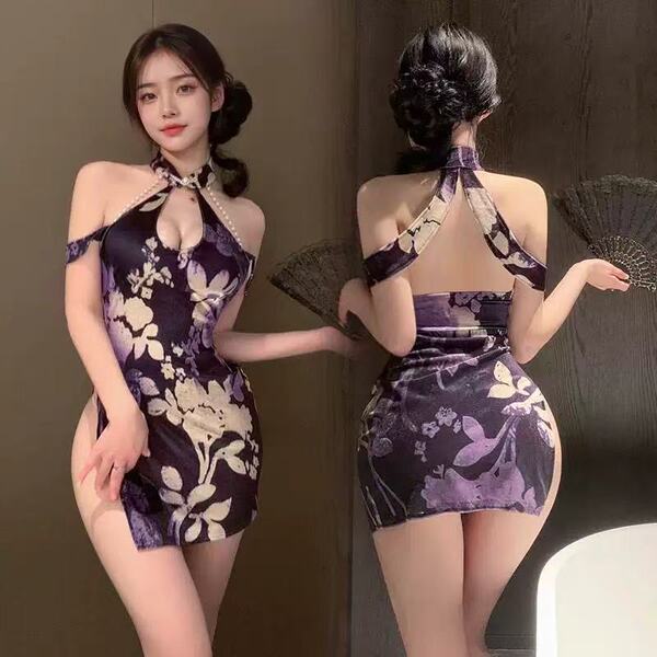 Cherry blossom vintage qipao lingerie set - purple seductive sleepwear & roleplay costume featuring elegant floral patterns a...