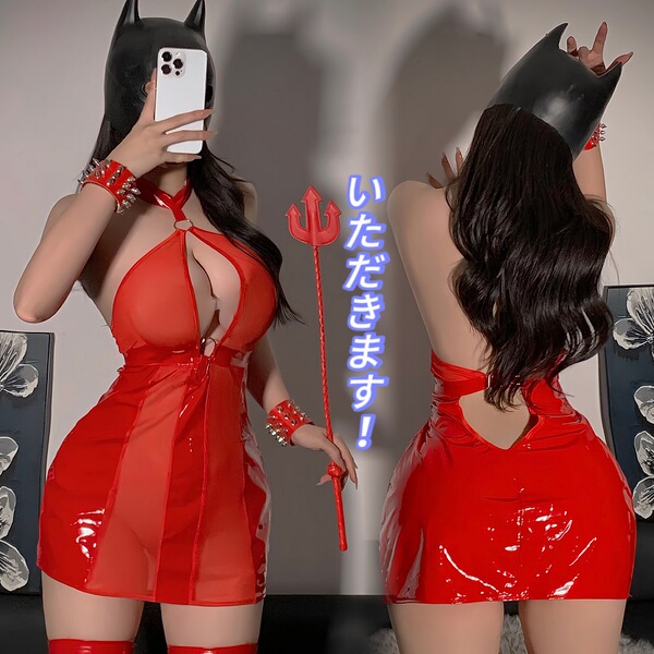 Sexy red latex outfit with sheer mesh top and patent leather mini skirt, perfect for nightclub wear.