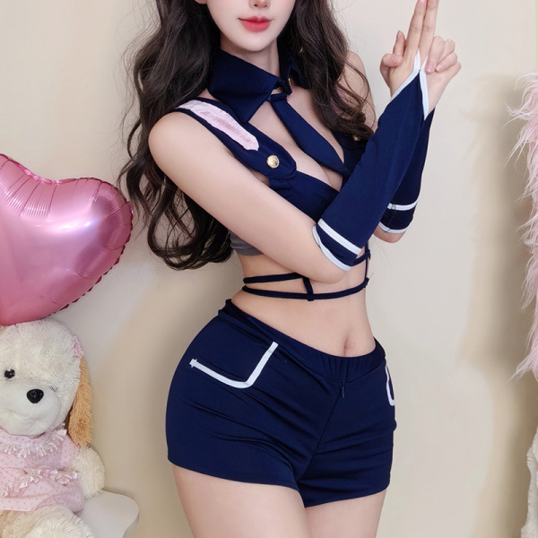 Woman modeling navy blue cute bunny girl costume set with split short shorts, bunny ears headband, and officer-style top for ...