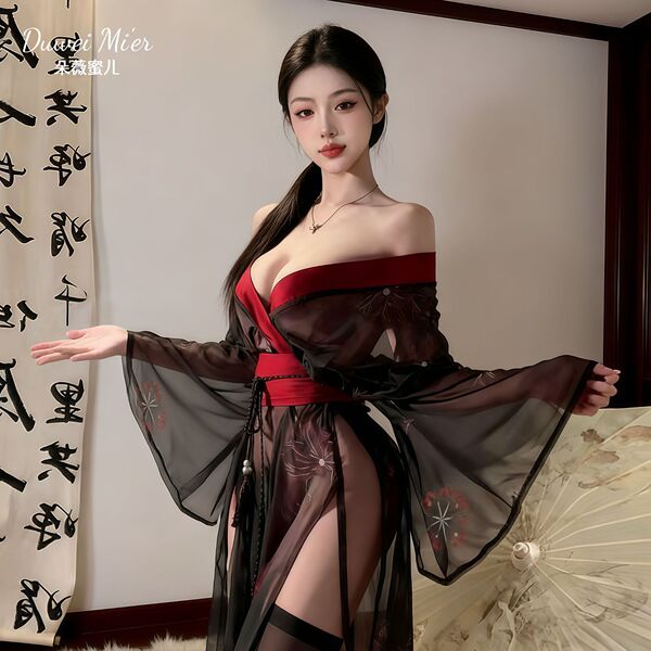 Dowemier sensual kimono lingerie set - sheer vintage-inspired erotic outfit, no-remove temptation robe featuring elegant shee...