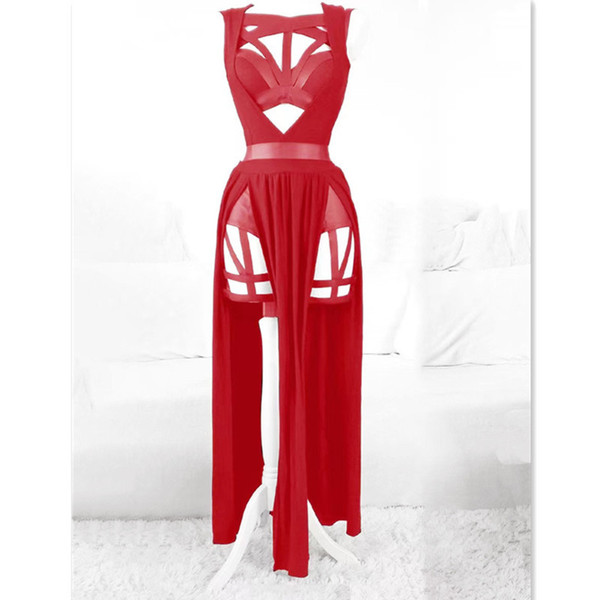 Elegant red bodysuit with lace detailing and sheer mesh skirt, featuring built-in pads for comfort. perfect for evening wear.
