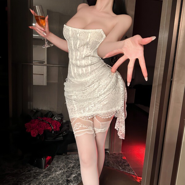 Woman wearing feiniao moon gaze lace bodysuit, a sexy mesh camisole sleepwear with bodycon wrap dress design, perfect for dat...