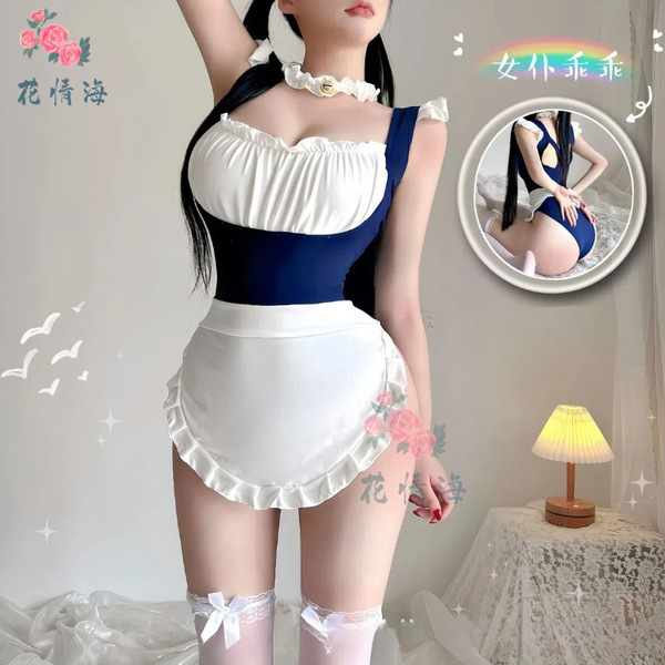 Floral sea maid costume set - cute & alluring role play lingerie bodysuit for women, featuring a charming white apron and nav...