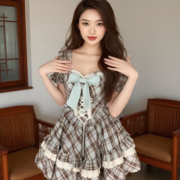 A charming model showcases the french retro square-neck puff sleeve dress, featuring sweet summer vibes with its plaid patter...