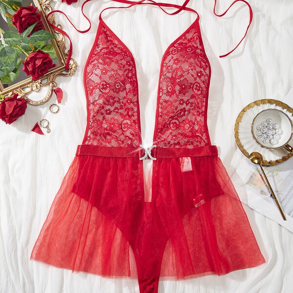 Luxury full-lace sheer bodysuit for women, featuring elegant european design with delicate lace patterns and a sparkling belt...