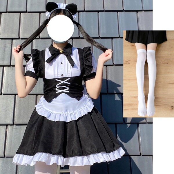 Black & White Gothic Lolita Maid Dress - Japanese Export Style Halloween Costume for Women - 003+ White Socks