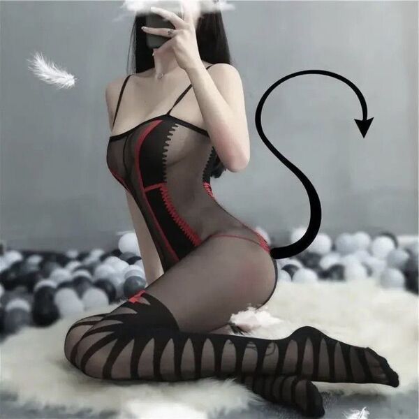Manny Night Seductive Sheer Mesh Bodysuit with Open-Crotch Tights - Sexy Lingerie Set for Women - 025 Black