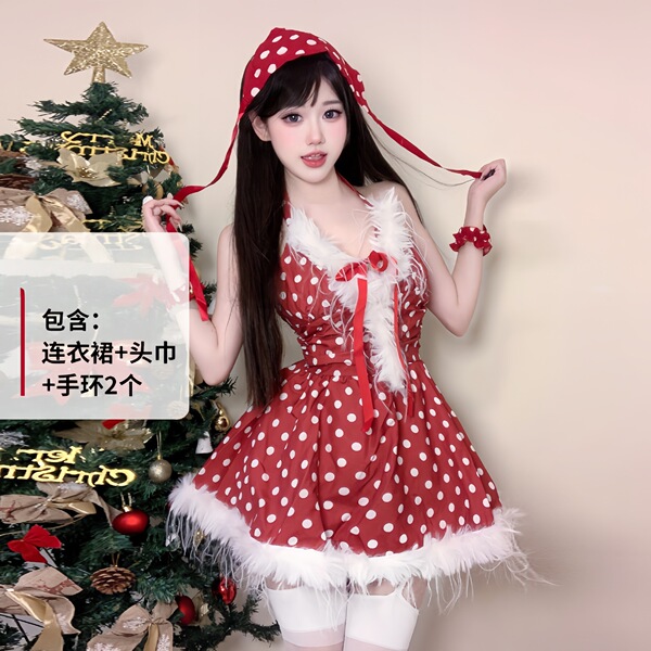 Sexy Christmas Lingerie Set - Velvet Role Play Costume for New Year Eve & Holiday Cosplay - 0314 Red