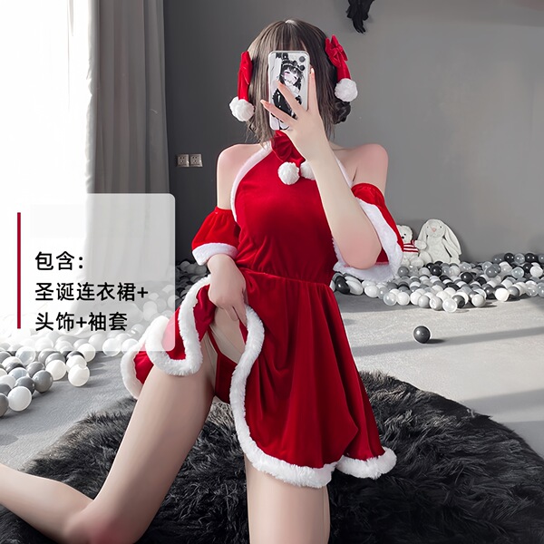 Sexy Christmas Lingerie Set - Velvet Role Play Costume for New Year Eve & Holiday Cosplay - 0341 Wine Red