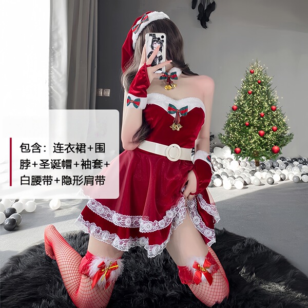 Sexy Christmas Lingerie Set - Velvet Role Play Costume for New Year Eve & Holiday Cosplay - 0343 Wine Red