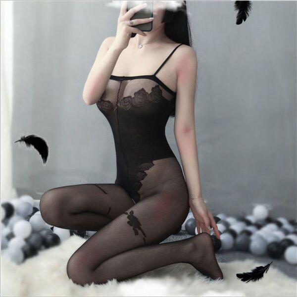 Qingran Sexy Sheer Mesh Bodysuit for Women - Transparent Lingerie Set with Open-Crotch Design, Seductive & Comfortable - 064 Black