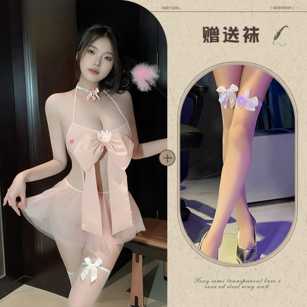 Qingran Pink Bow Three-Piece Lingerie Set - Sheer Mesh Pure & Tempting No-Remove Outfit - Pink + 085 Bow-tie White Stockings