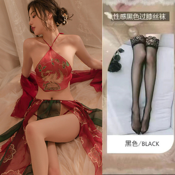 Dunhuang Flying Apsara Lingerie Set - Embroidered Hanfu-style Busty Bodysuit & Sexy Sleep Dress - 0869 Dunhuang Flying Apsaras + Black Stockings