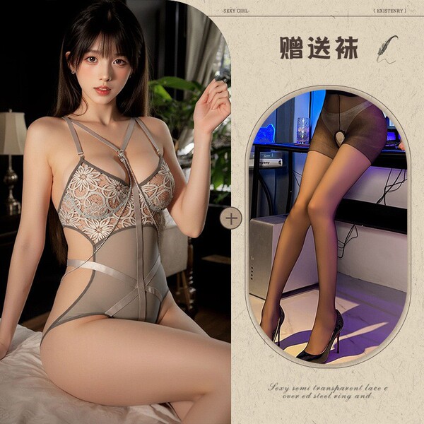 Mannye Qing Pure & Tempting Lingerie Set - Seductive No-Remove Bedroom Uniform with Open-Crotch Design - Grey +092 Black Open Crotch Socks