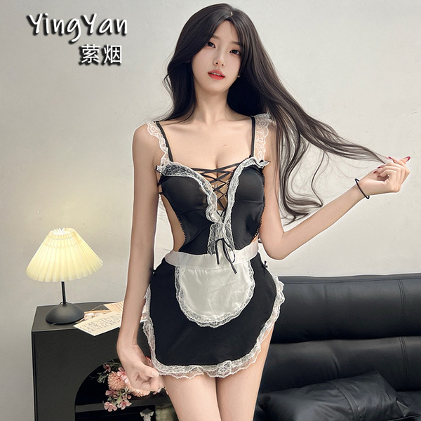Yingyan Seductive Lace Lingerie Set - Maid Costume with Adjustable Straps, Pure Temptation Role Play Outfit - 0945 Black [Socks not included]