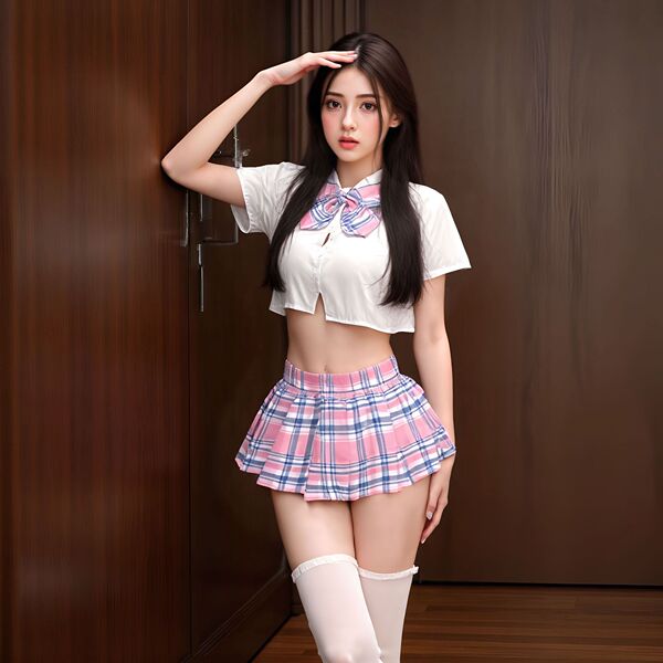 Japanese-Style Busty JK Uniform Set for Women – Waist-Revealing Pleated Skirt & Matching Top, No-Remove Lingerie Outfit - Peach Blossom Late Summer 10